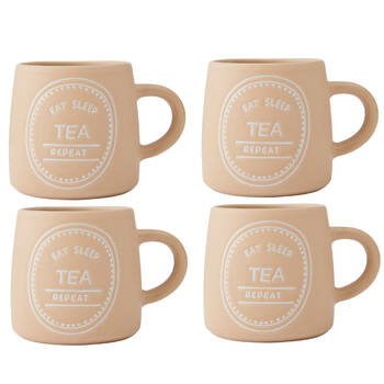 4PK Mikasa 400ml Eat Sleep Tea Repeat Coffee Mug Cup Stoneware Orange