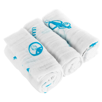 Matchstick Monkey Pack of 3 Organic Cotton Muslins (70cmx70cm) - Blue