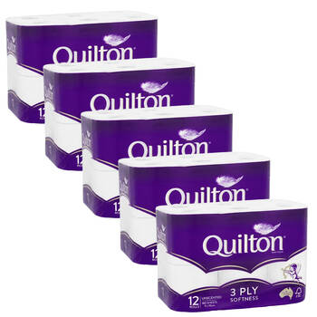 5x 12pc Quilton 3 Ply Toilet Paper Tissue Towel Pack 11x10cm - White