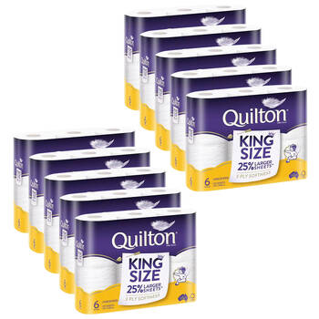 10x 6pc Quilton 175-Sheet King Size Tissue Roll 3-Ply White Toilet Paper