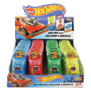 24PK Hot Wheels 3-in-1 Car Pop w/ Lollipop & Whistle Lollies Assort 10g