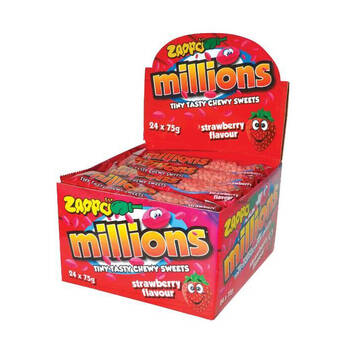 24PK Zappo Millions Tiny Strawberry Chews Fruit Lollies Confectionery 75g