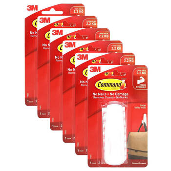 6PK 3M Command No Nail Large Hanging Utility Wall Hook Holds 2.2kg White