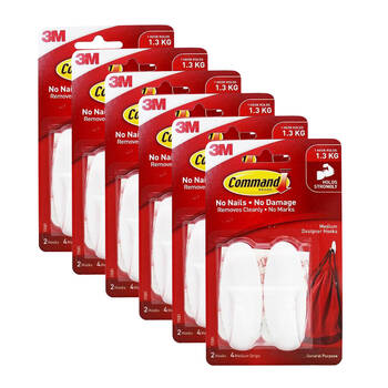 6x 2pc 3M Command No Nail Medium Designer Hanging Wall Hook Holds 1.3kg White