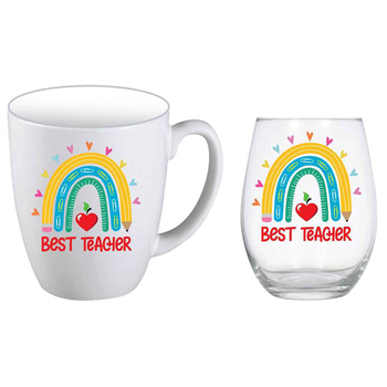 2pc Best Teacher 400ml Mug & Stemless Wine Glass Set White