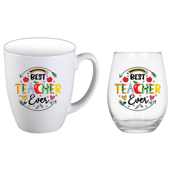 2pc Best Teacher Ever Pencil 400ml Mug & Stemless Wine Glass Set White