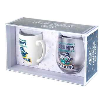 2pc Im Not Always Grumpy Fishing 400ml Mug & Stemless Wine Glass Cup Set