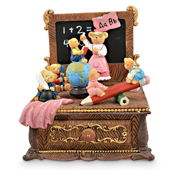 Bears Studying Music Box Double Motion Pink 14cm  Decorative Keepsake Set