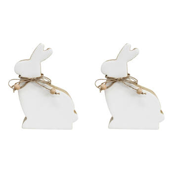 2PK LVD Medium Wooden Easter Rabbit Squat Home Decor 14.5x9cm White-Washed