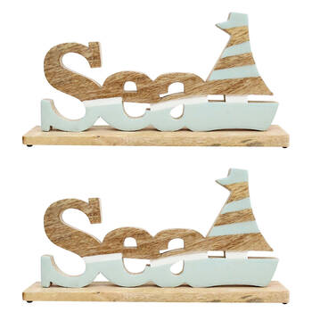 2PK LVD Large Wooden Sea Indoor Decorative Sign Plaque 33x16cm Brown/Blue