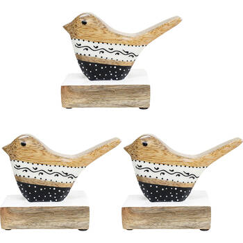 3PK LVD Wooden Bird Folk Home Decoration Large 12.5x9x4.5cm Black/White