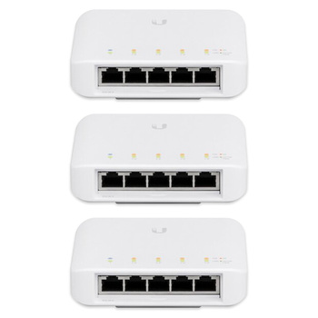 Ubiquiti USW Flex 3 Pack- Managed, Layer 2 Gigabit switch with auto-sensing 802.3af PoE support. 1x PoE In, 4x PoE Out