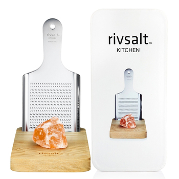 3pc Rivsalt Kitchen Himalayan Pink Rock Salt/Grater/Oak Stand 22cm