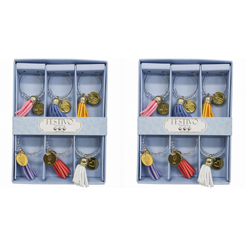 2x LVD 6pc PU/Metal 13cm Wine Charms Tassel Bottle Tag/Marker Set