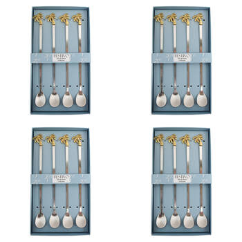 4x 4pc LVD Stainless Steel Long Spoons Set 22.5x12.5cm Gold Palm Trees
