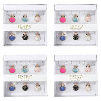 4x 6pc LVD Seashells Alloy Wine Glass Charms Set 13x12cm Multicoloured