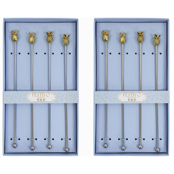 2x LVD 4pc Metal 22cm Cocktail Stirrer Pineapple Set - Silver/Gold