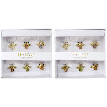 2x 6pc LVD Jewelled Bee Alloy Wine Glass Charm Set 13x12cm Multicoloured