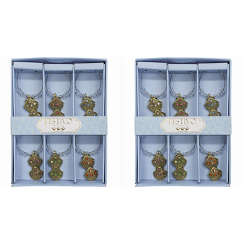 2x LVD 6pc Metal 13cm Wine Charms Double Shell Bottle Tag/Marker Set