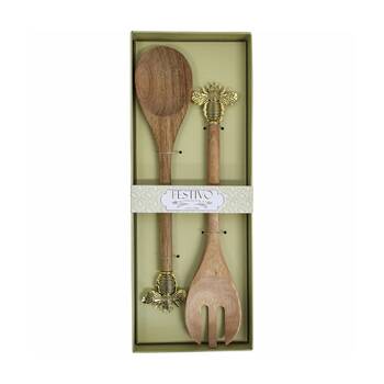 2pc LVD Acacia Wood Metal 35cm Bee Salad Server Spoon/Fork Set - Natural/Gold