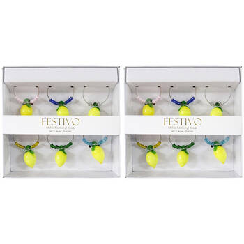 2x 6pc LVD Glass Lemons Fruit Alloy Wine Charms Set 13x12cm Multicoloured
