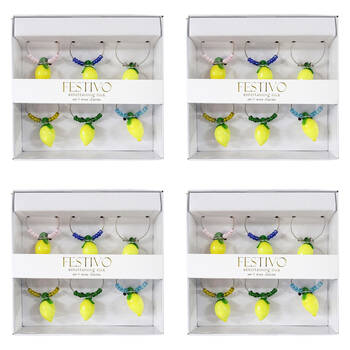 4x 6pc LVD Glass Lemons Fruit Alloy Wine Charms Set 13x12cm Multicoloured