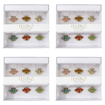 4x 6pc LVD Bumble Bee Alloy Wine Glass Charms Set 13x12cm Multicoloured