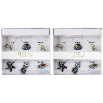 2x 6pc LVD Glass Ocean-Themed Alloy Wine Charms Set 13x12cm Multicoloured