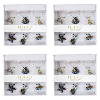 4x 6pc LVD Glass Ocean-Themed Alloy Wine Charms Set 13x12cm Multicoloured