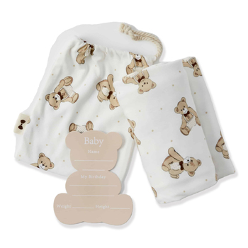 2pc Notting Hill Bear Baby Cotton Jersey Wrap & Arrival Card w/ Bag