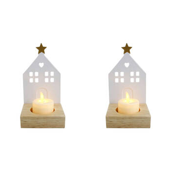 2PK LVD Porcelain Tealight Candle Holder Display House Star 12cm - White