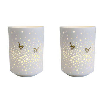 2PK LVD Porcelain Tealight Candle Holder Display Midnight Bird 14cm - White
