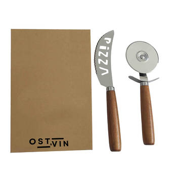 2pc Ost & Vin Pizza Giftset 26x17 Cutter Set Acacia Wood Steel Kitchenware Brown