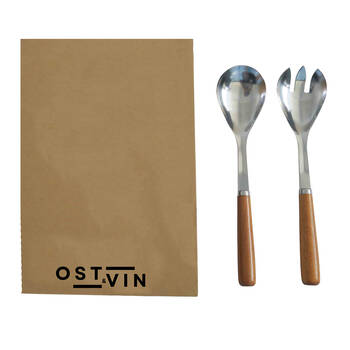 2pc Ost & Vin Salad Servers GiftSet 24x6 Stainless Steel Wood Serveware Brown