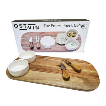 5pc Ost & Vin Cheese Board Dipping Giftset Wood Steel Ceramic Serveware Brown