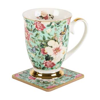 Floral Garden Mint Decorative Tea/Coffee Mug & Coaster Set 350ml