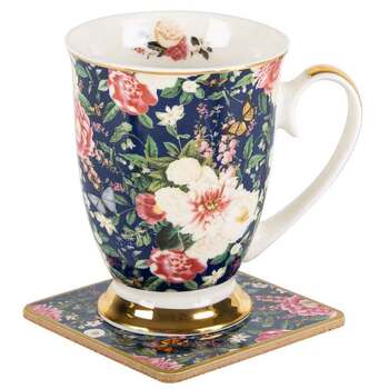 Floral Garden Navy Decorative Ceramic Mug & Coaster Set 360ml