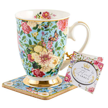 Floral Garden Powder Blue Mug & Coaster Set 360ml
