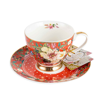 Floral Garden Red Decorative Ceramic Teacup & Saucer Set 200ml