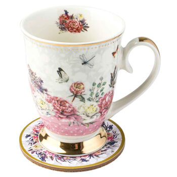 Roses & Butterflies Floral Decorative Pink Mug & Coaster Set 360ml