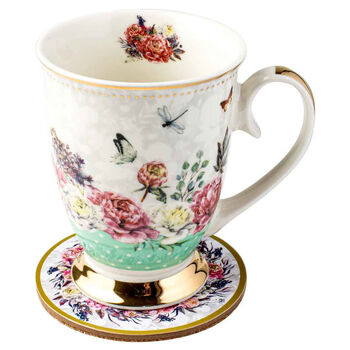 Roses & Butterflies Floral Decorative Mint Mug & Coaster Set 360ml