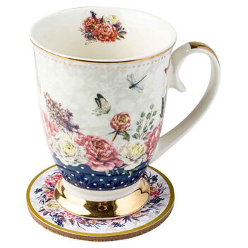 Roses & Butterflies Navy Floral Decorative Mug & Coaster Set 360ml