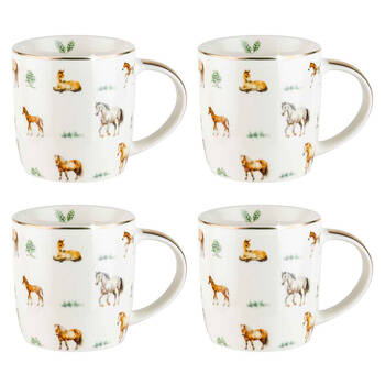 4PK LMD Horses Farm Lane New Bone China Coffee Mug 360ml - White