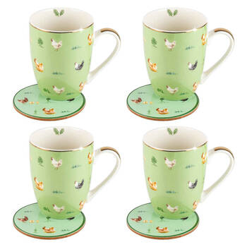 4PK LMD Chickens Farm Lane New Bone China Coffee Mug w/ Coaster 360ml - Green