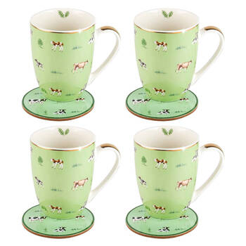 4PK LMD Cows Farm Lane New Bone China Coffee Mug w/ Coaster 360ml - Green