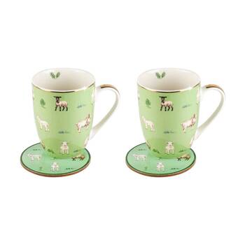 2PK LMD Sheep Farm Lane New Bone China Coffee Mug w/ Coaster 360ml - Green