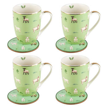 4PK LMD Sheep Farm Lane New Bone China Coffee Mug w/ Coaster 360ml - Green