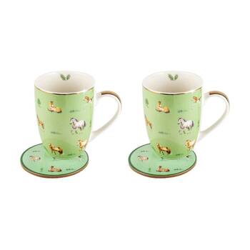 2PK LMD Horses Farm Lane New Bone China Coffee Mug w/ Coaster 360ml - Green