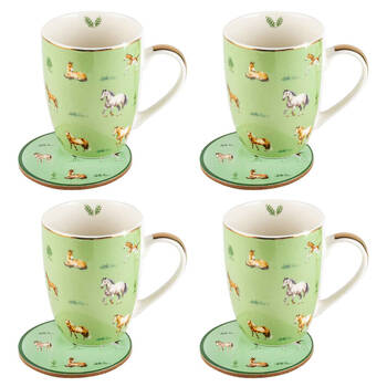 4PK LMD Horses Farm Lane New Bone China Coffee Mug w/ Coaster 360ml - Green