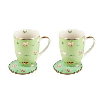 2PK LMD Pigs Farm Lane New Bone China Coffee Mug w/ Coaster 360ml - Green